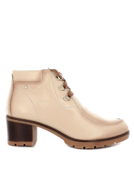 Botín de piel con tacón cuadrado para mujer Beige