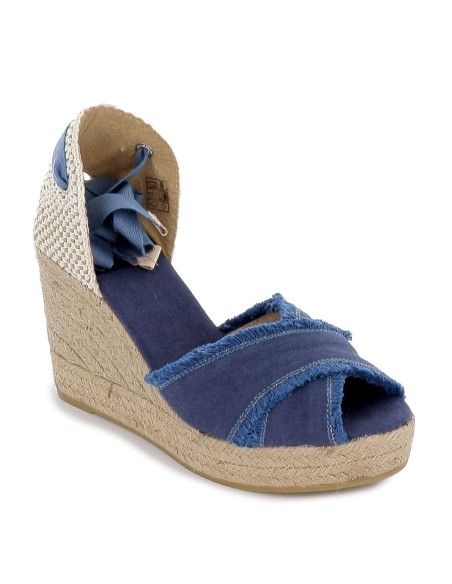 Sandalia plataforma yute atada mujer filo deshilado azul Azul