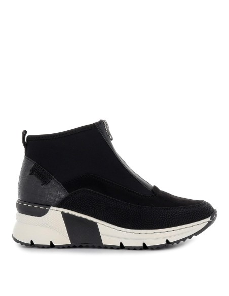 Botin cuña media licra y piel comodo mujer negro