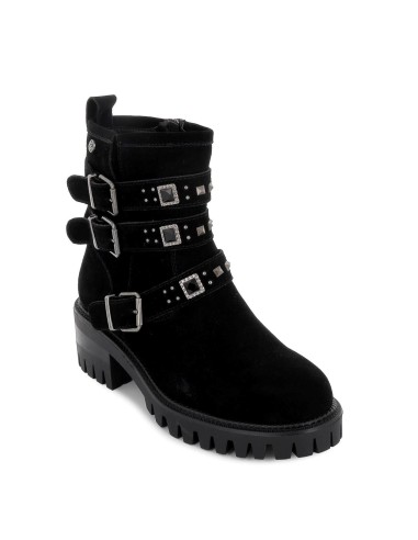 Botín de piel con adornos de hebilla negro