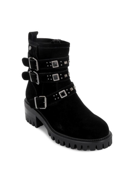 Botín de piel con adornos de hebilla negro