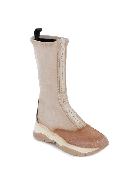 Bota alta deportiva cremallera central piel combinada beige