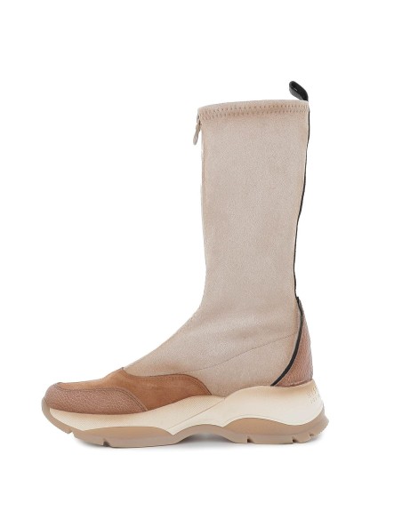 Bota alta deportiva cremallera central piel combinada beige