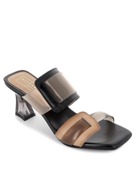 Sandalia vinilo con tacón para mujer negro y beige Negro