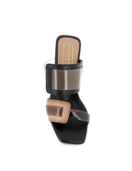 Sandalia vinilo con tacón para mujer negro y beige Negro