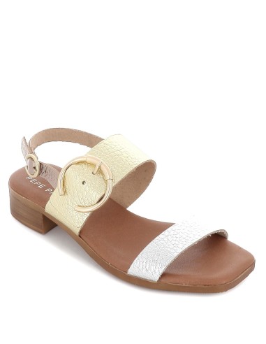 Sandalia abierta tiras y hebilla semicircular piel dorada tacón bajo mujer