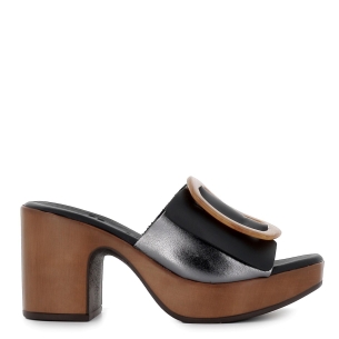 Sandalia tacon piel negra combinado mujer Negro