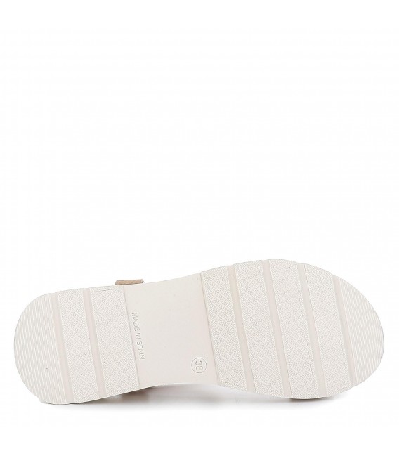 Sandalia plataforma baja piel pala eslabones beige velcro mujer