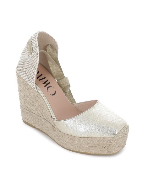 Alpargata de cuña alta de yute ecológico y plataforma piel dorado