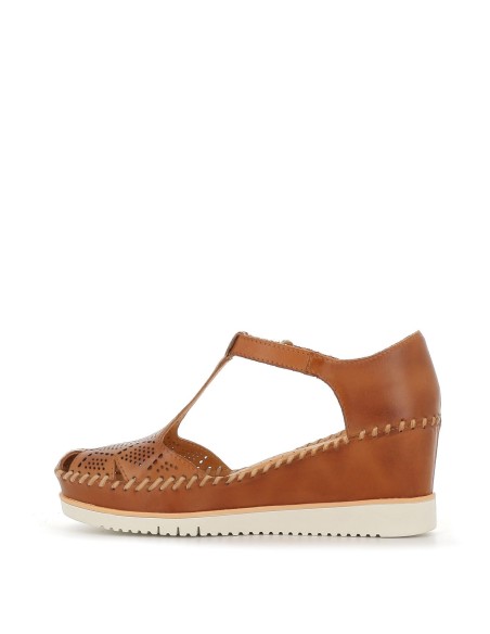 Sandalia plataforma cuña calados de piel camel para mujer