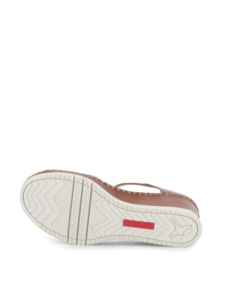 Sandalia plataforma cuña calados de piel camel para mujer