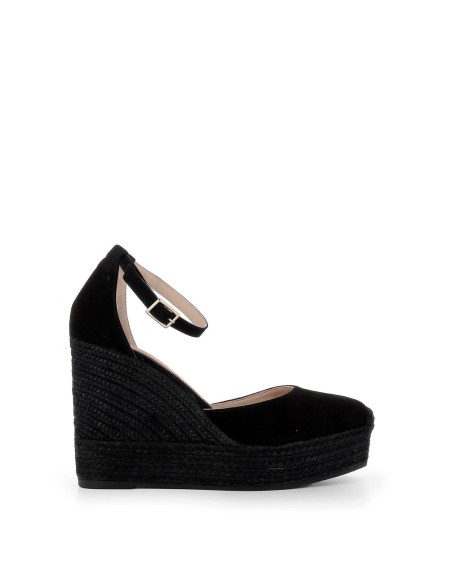 Valenciana piel hebilla de cuña alta fabricada en yute ecológico negro