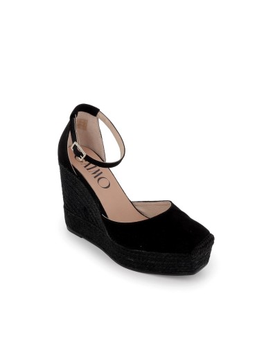 Valenciana piel hebilla de cuña alta fabricada en yute ecológico negro