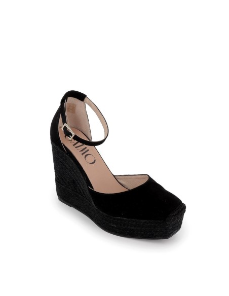 Valenciana piel hebilla de cuña alta fabricada en yute ecológico negro