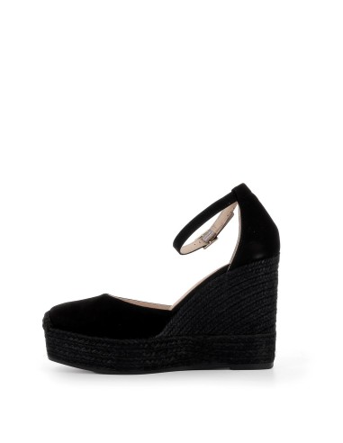 Valenciana piel hebilla de cuña alta fabricada en yute ecológico negro