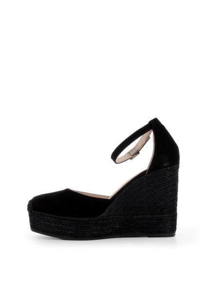 Valenciana piel hebilla de cuña alta fabricada en yute ecológico negro