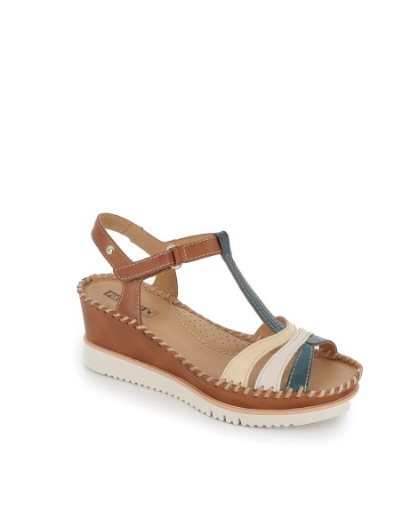 Sandalia plataforma cuña tiras de piel azul para mujer