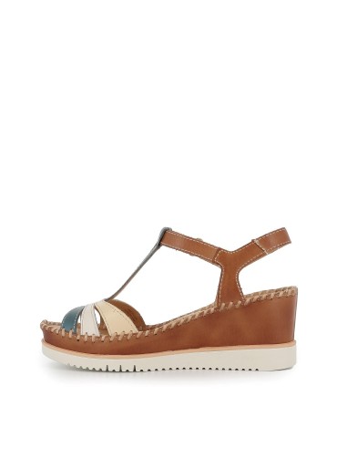 Sandalia plataforma cuña tiras de piel azul para mujer