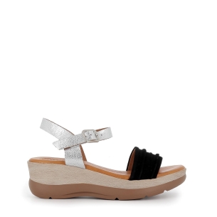 Sandalia de cuña en piel y hebilla mujer negro