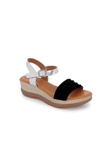 Sandalia de cuña en piel y hebilla mujer negro