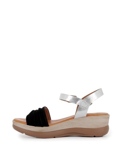 Sandalia de cuña en piel y hebilla mujer negro