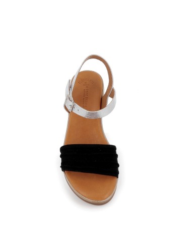 Sandalia de cuña en piel y hebilla mujer negro