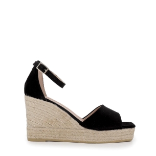 Sandalia piel hebilla de cuña alta fabricada en yute ecológico negro