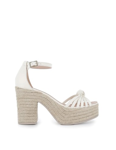 Sandalia nudo piel hebilla de cuña alta y yute ecológico blanco marfil Beige