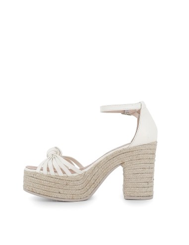 Sandalia nudo piel hebilla de cuña alta y yute ecológico blanco marfil Beige