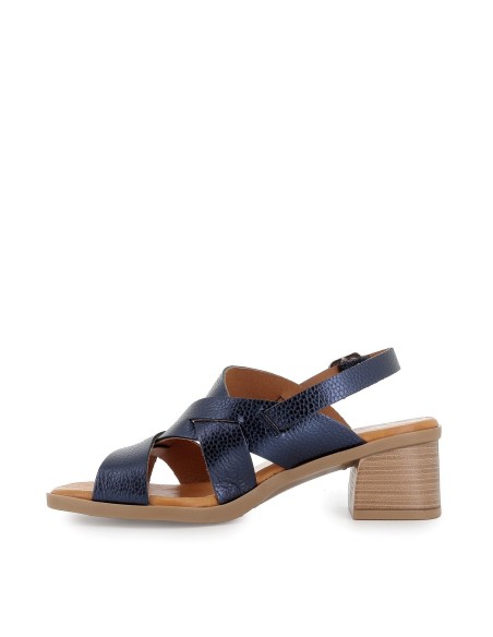 Sandalia piel diseño tacón bajo y hebilla azul mujer Azul