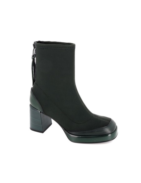 Botín piel verde cremallera y tacón mujer