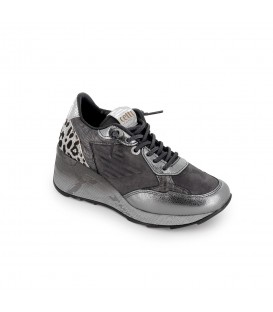 Sneaker gris combinado cordones elásticos piel mujer