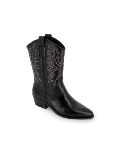 Bota tejana piel lisa bordados tacón bajo mujer negra