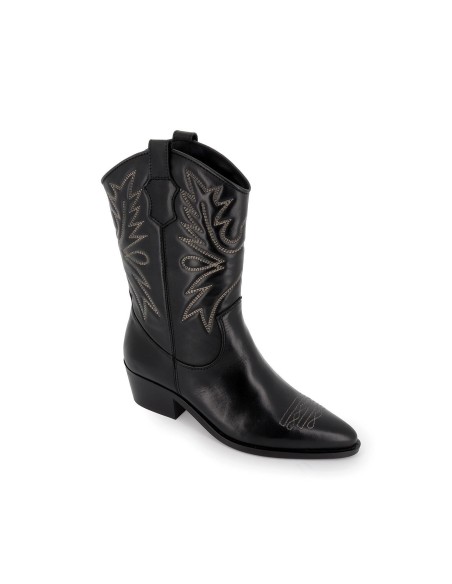 Bota tejana piel lisa bordados tacón bajo mujer negra