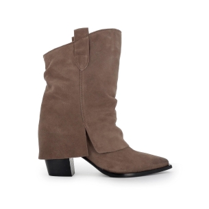 Bota tejana piel serraje tacón medio mujer taupe