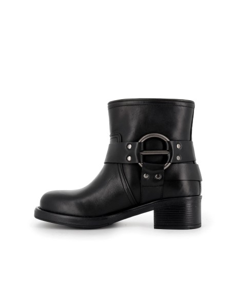 Botín motero plano piel negra hebilla mujer