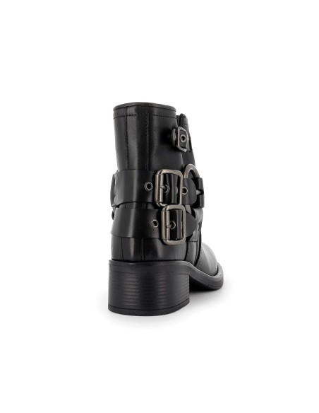 Botín motero plano piel negra hebilla mujer