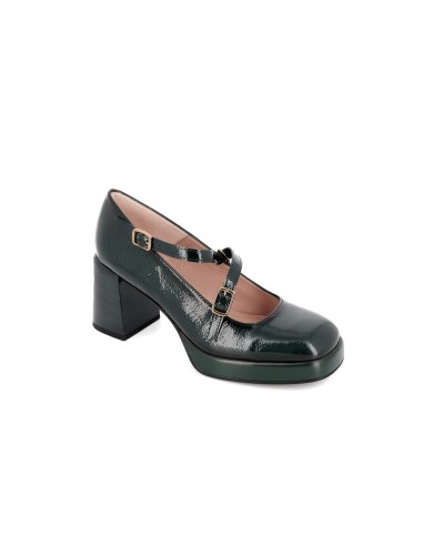 Merceditas charol verde hebilla y tacón mujer.  Verde