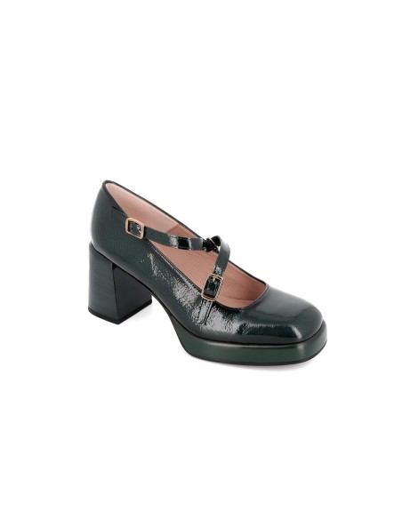 Merceditas charol verde hebilla y tacón mujer.  Verde