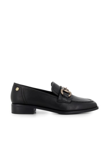 Mocasin plana piel negro hebilla central mujer