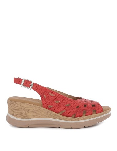 Sandalia cuña perforado correa talón rojo