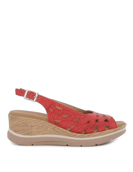 Sandalia cuña perforado correa talón rojo
