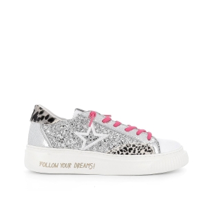 Deportivas casual cordones elásticos animal print glitter plata mujer