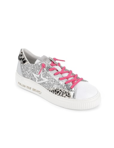 Deportivas casual cordones elásticos animal print glitter plata mujer
