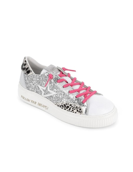 Deportivas casual cordones elásticos animal print glitter plata mujer
