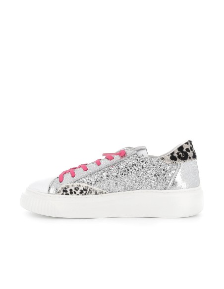 Deportivas casual cordones elásticos animal print glitter plata mujer