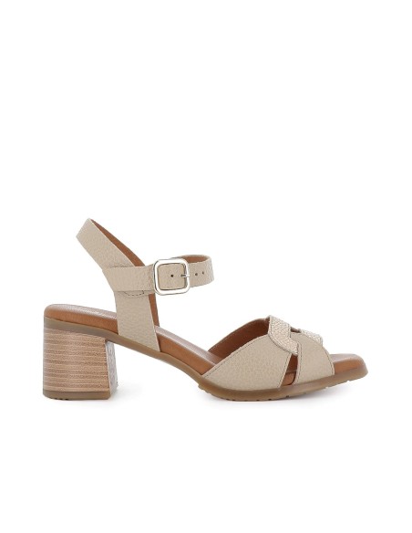 Sandalia plana de piel y hebilla beige mujer Marrones