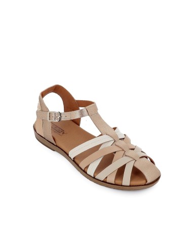 Sandalia piel tiras con hebilla mujer dorado y beige