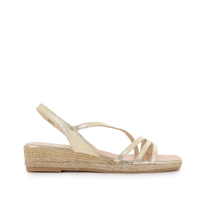 Alpargata yute cuña tiras asimetrica mujer dorado