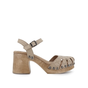 Sandalia tacon suela efecto madera piel mujer arena